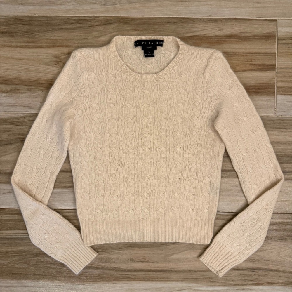 RL Black Label Cashmere Cable Knit Sweater Cream Ivory Fits Small XS Read Tag L